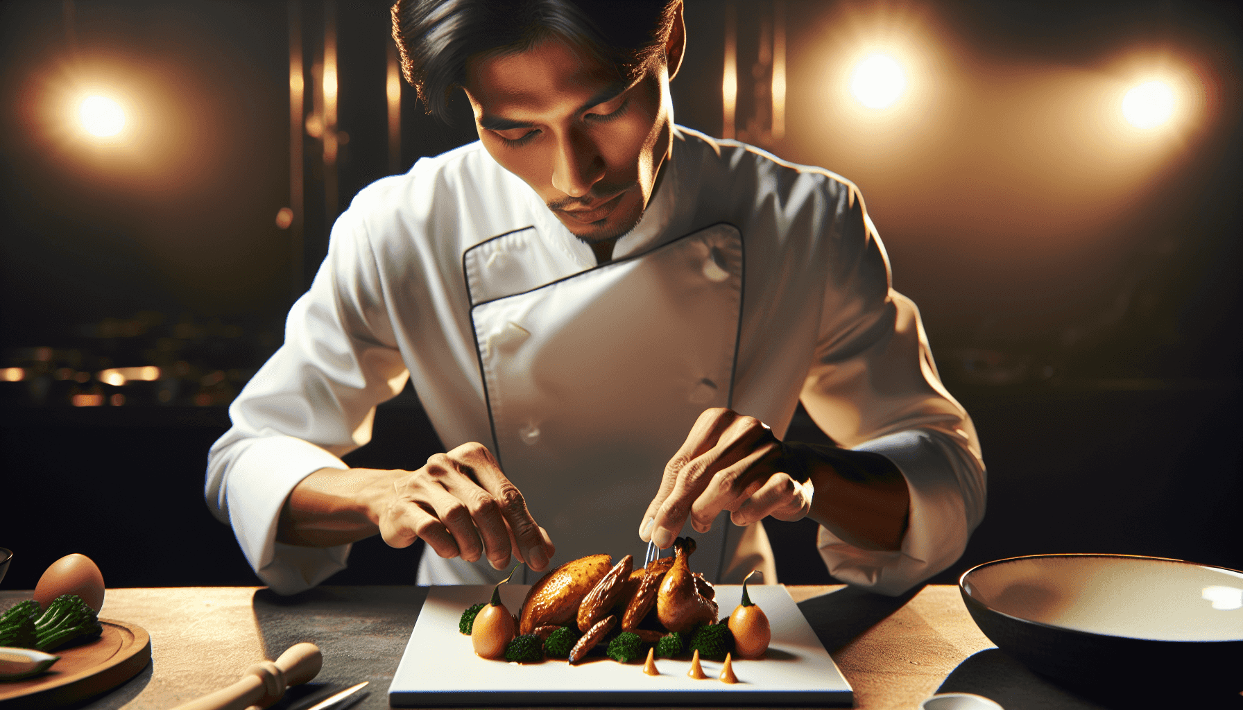 Chef plating a gourmet chicken dish