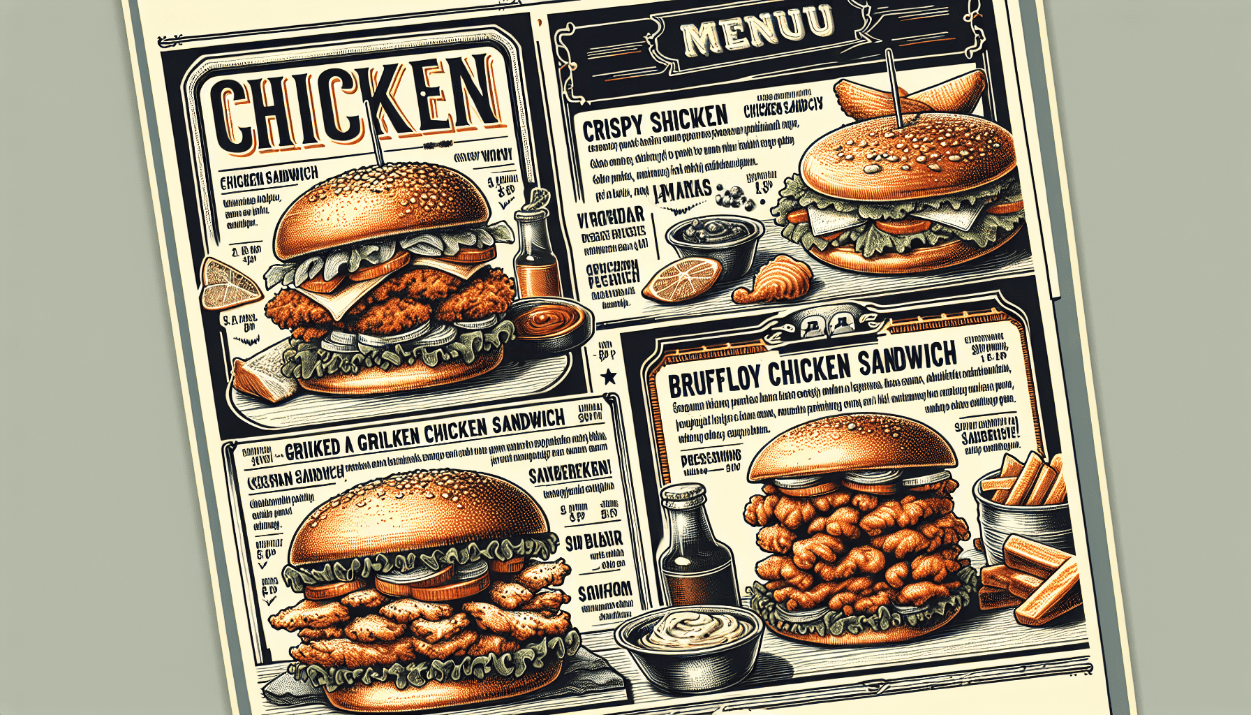 Restaurant menu showcasing chicken sandwiches