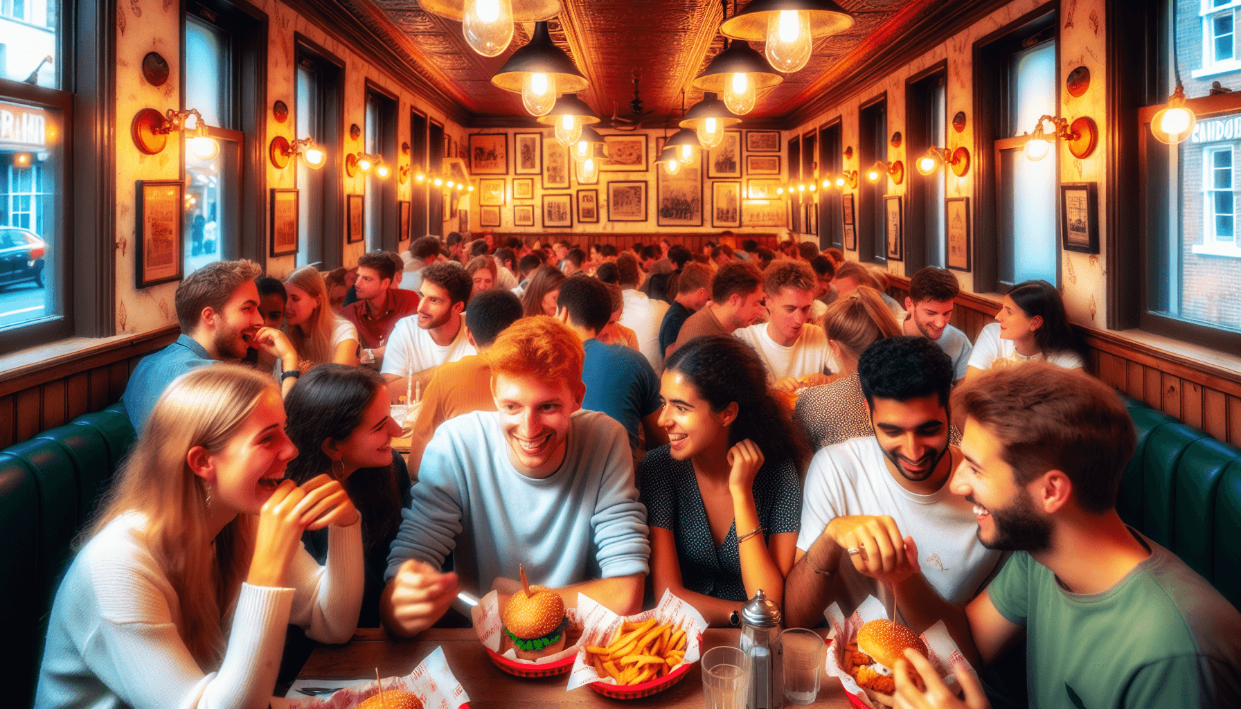 Customers enjoying chicken sandwiches in a lively UK restaurant
